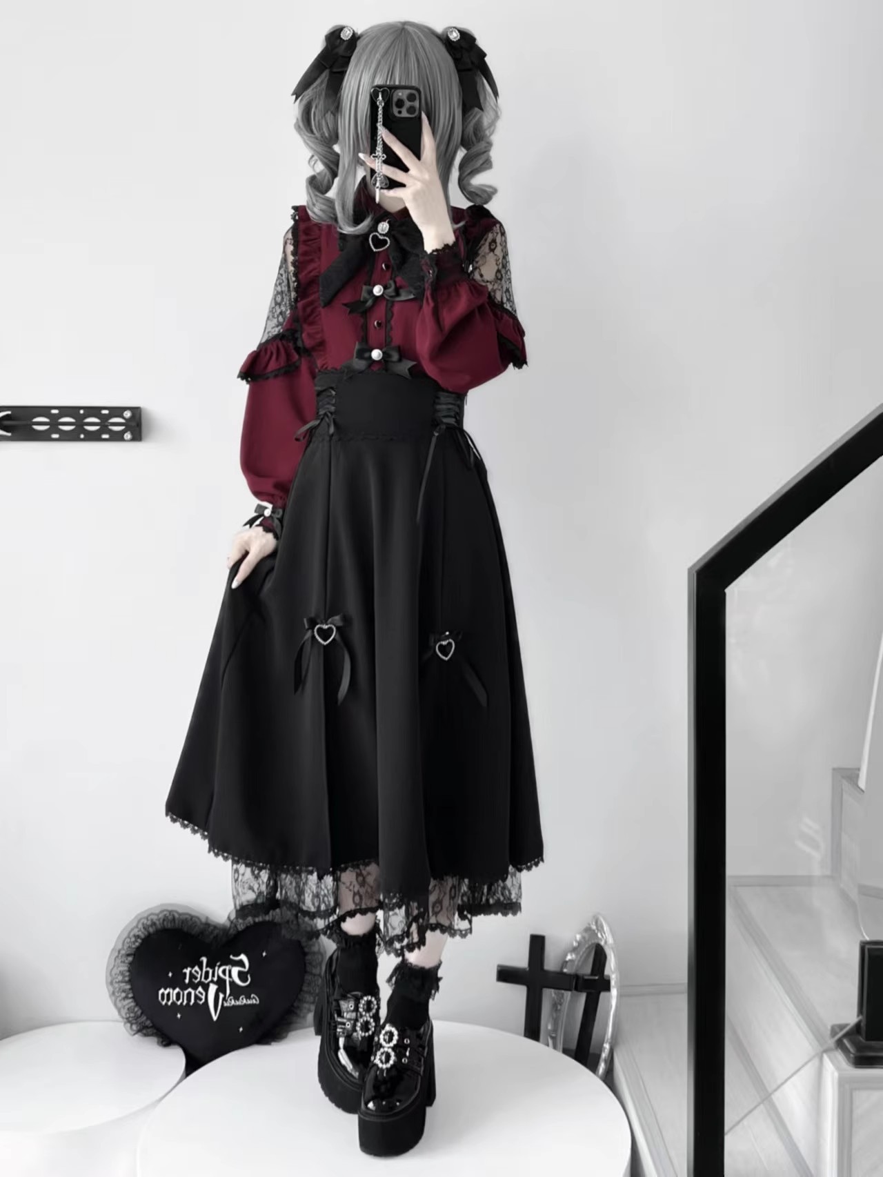 Jirai kei シャツ JK スカート和風ロリータ Y2K 甘い制服レースブラウスゴシックヴィンテージドレス暗闇衣装女性ホットガール