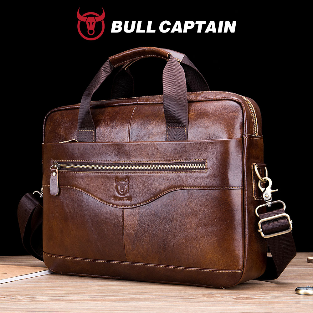 BULLCAPTAIN ブリーフケース ショルダー メッセンジャーバッグ メンズ 本革 14 インチ ラップトップバッグ メンズ ブリーフケース オフィス ビジネス ハンドバッグ