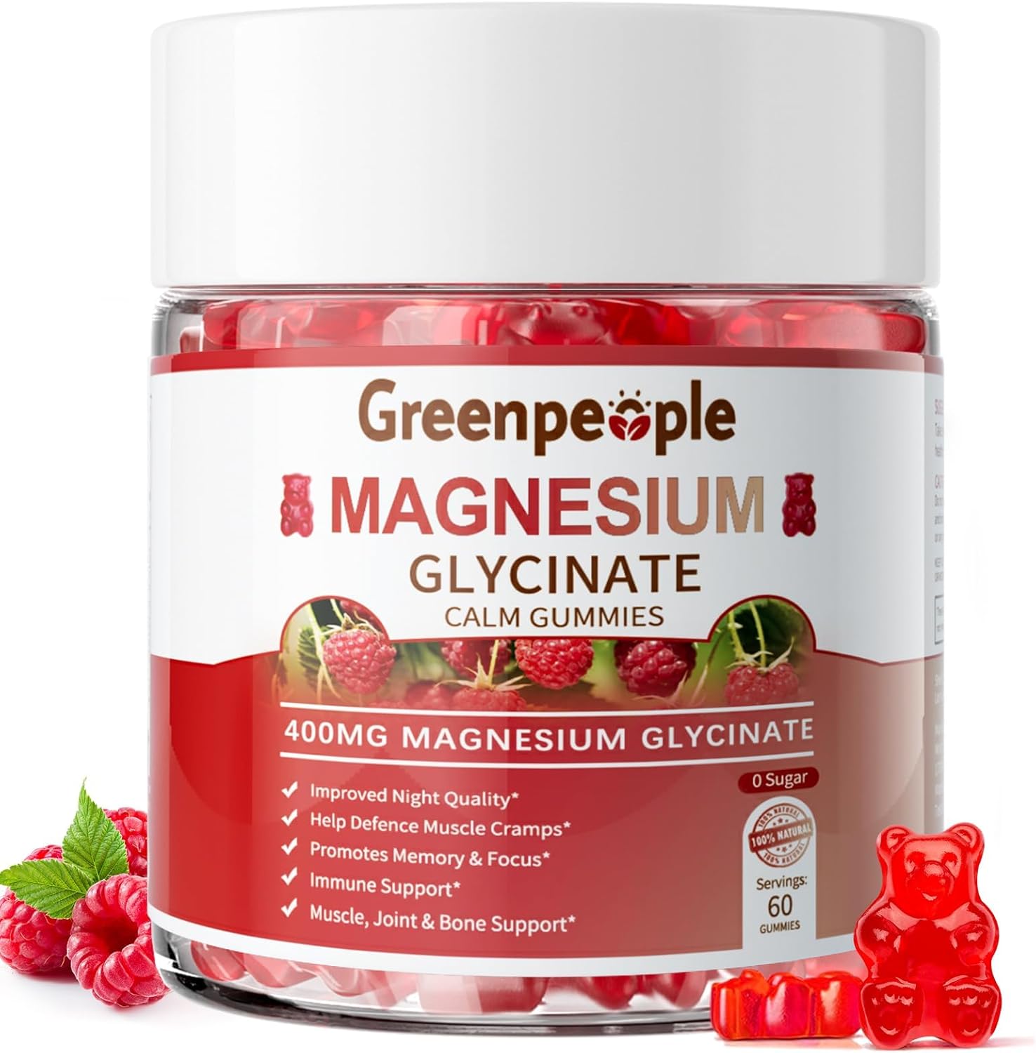 GREENPEOPLE グリシン酸マグネシウム グミ 400mg シュガーフリー、クエン酸マグネシウム、ビタミン D 配合