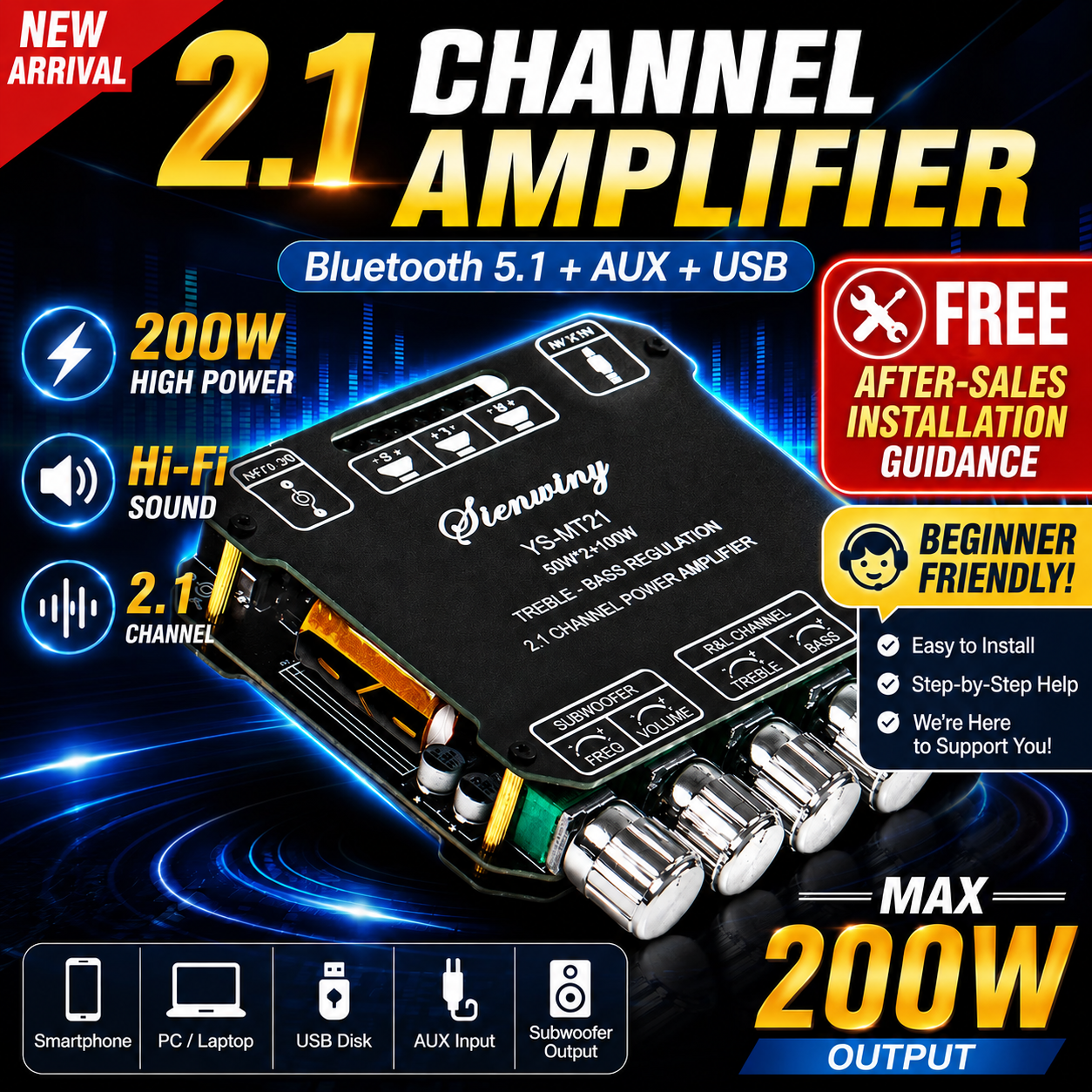Bluetooth 5.1 MT21 Amplifier Board 2.1 Channel 200W HiFi Audio Power Amplifier Subwoofer Stereo AMP AUX USB Subwoofer Amplifier