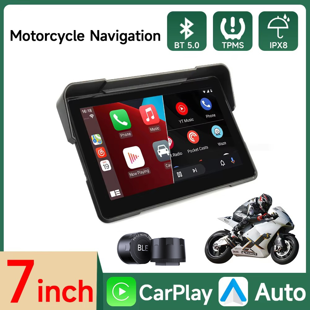 7 "オートバイ GPS ナビゲーションレコーダーワイヤレス CarPlay Android 自動マルチメディアプレーヤー IP67 防水スクリーン Bluetooth 2024 新