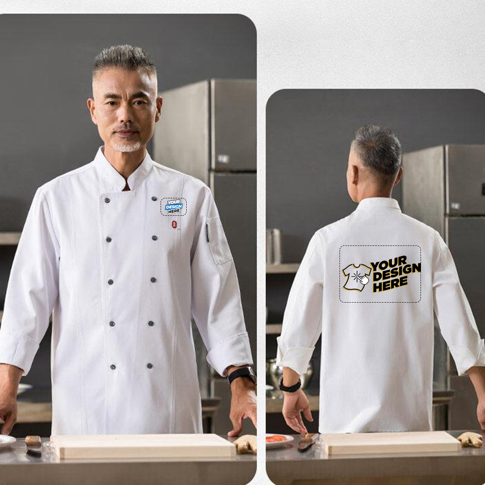 カスタマイズ DIY ロゴシェフ制服長袖暖かいシェフジャケットフロントポケット付き斜め襟スーツ男性用ケータリングコーヒー