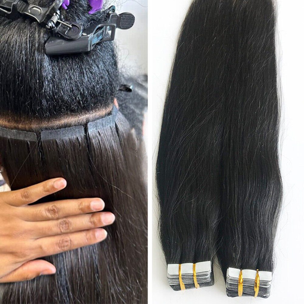 ストレートテープヘアエクステンションスキン横糸テープヘアエクステンション 20 個 50 グラム/パック接着剤目に見えない 100% 本物の人毛女性