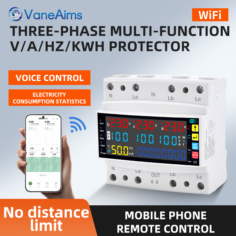 DIN レール WiFi スマートプロテクター 3 相 100A AC230V 過不足電圧電流周波数漏れ温度保護スイッチ