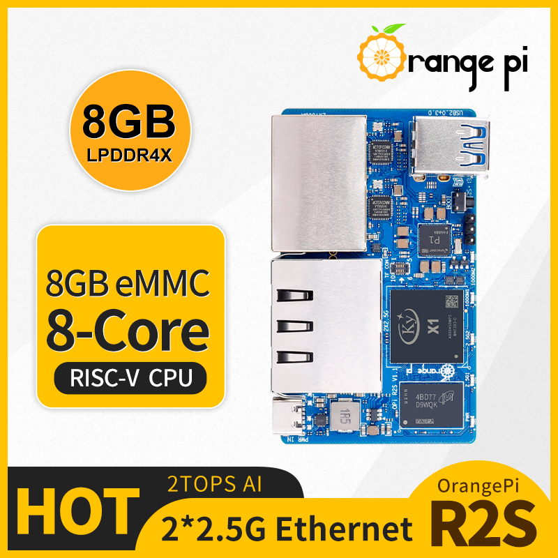 Orange Pi R2S 8GB RAM 8GB EMMC ミニ PC DDR4X RISC-V AI 2TOPS CPU デュアル LAN ポート シングルボードコンピュータサポート OpenWrt Ubuntu OS