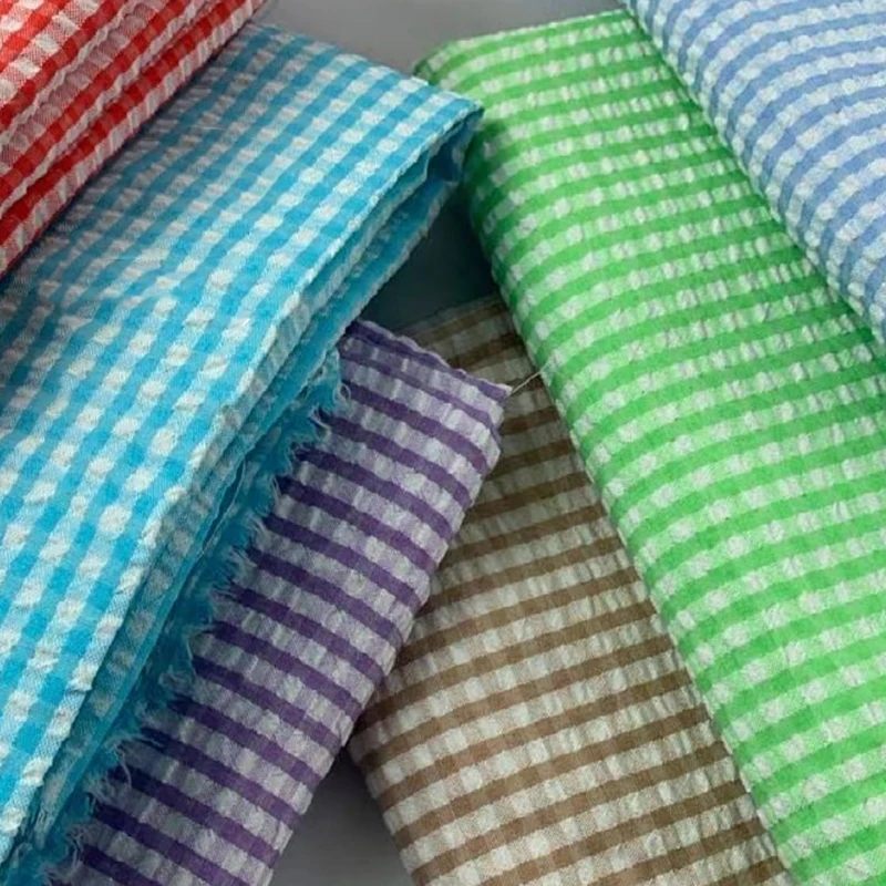 カラフルなシアサッカー生地夏薄いチェック柄ストライプ綿生地シャツドレスベビー服 DIY 手作りカーテンテーブルクロス縫う