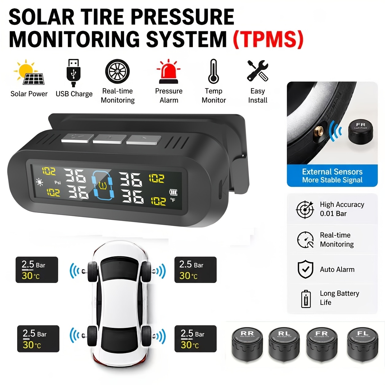 タイヤ空気圧監視システム TPMS ユニバーサルワイヤレスソーラー充電器、車、RV のインテリジェントなタイヤ監視に適しています。