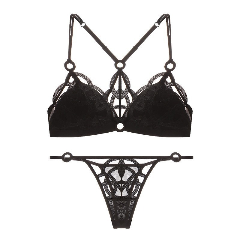 フランスのセクシーな美しいバックランジェリーセット女性のための薄いメッシュ刺繍ワイヤーフリー下着ブラジャースーツ女性固体レースブリーフ