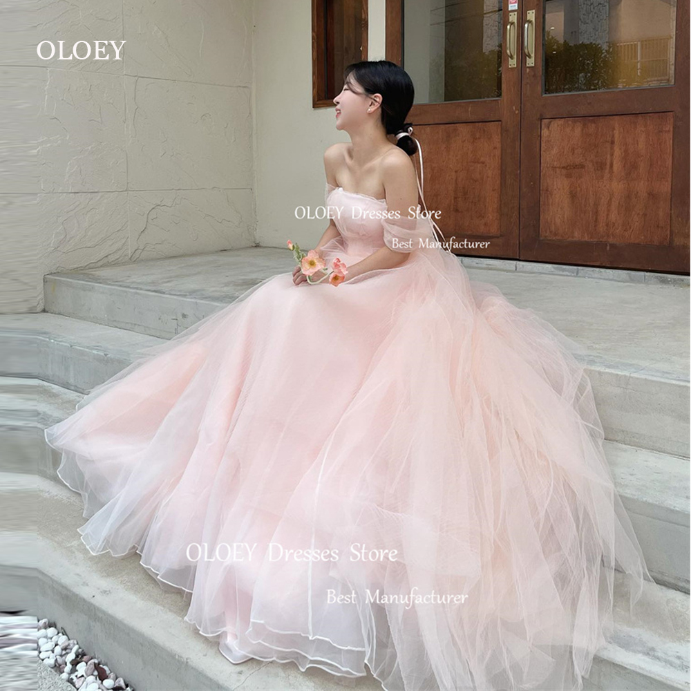 OLOEY プリンセスピンクチュール A ラインのウェディングドレス韓国写真撮影ストラップレス床の長さのガーデンイブニングドレスフォーマルパーティー