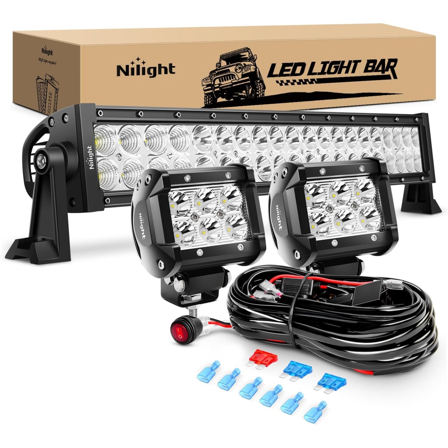 Nilight 22 インチ 120W スポットフラッドコンボ LED ライトバー 2 個 4 インチ 18W スポット LED ポッドフォグランプ 16AWG 配線ハーネスキット-2 リード付き