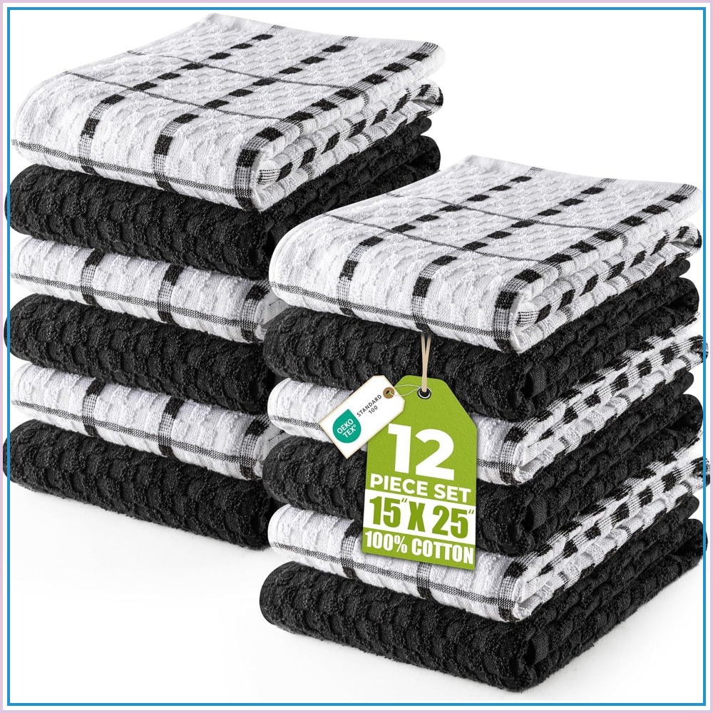 キッチンタオル 12 パック、15 x 25 インチ、100% リング精紡綿、非常に柔らかく吸収性のあるディッシュタオルセット、ブラック