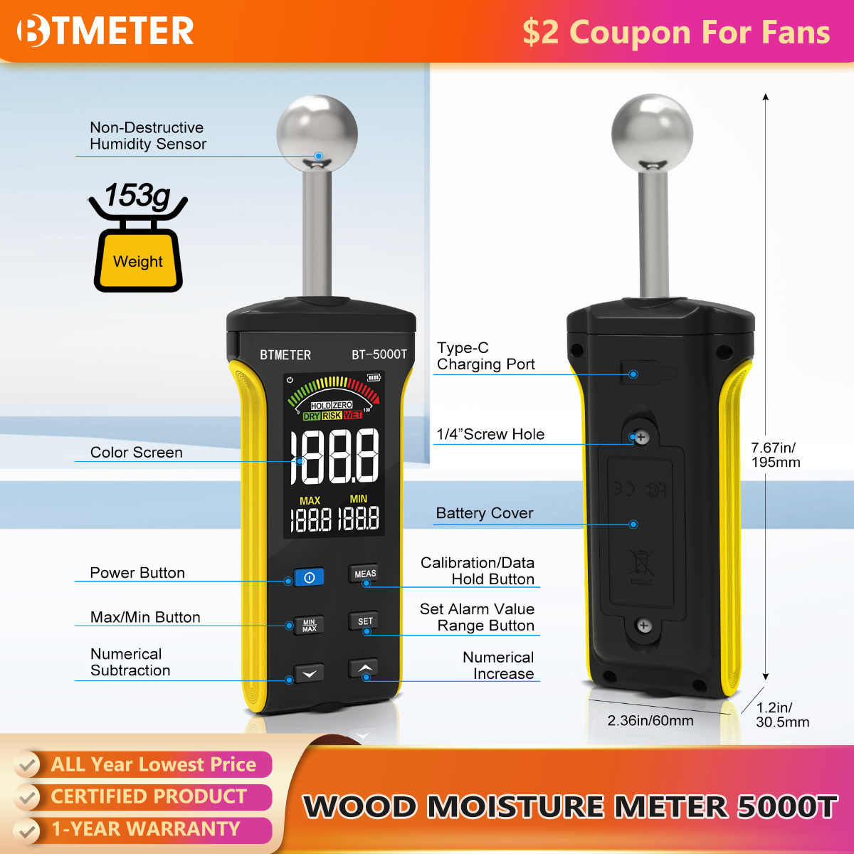BT-5000T ピンレス壁湿度検出器 - 木材水分計 20-40mm 深さ WET/RISK/DRY アラーム壁面テスター