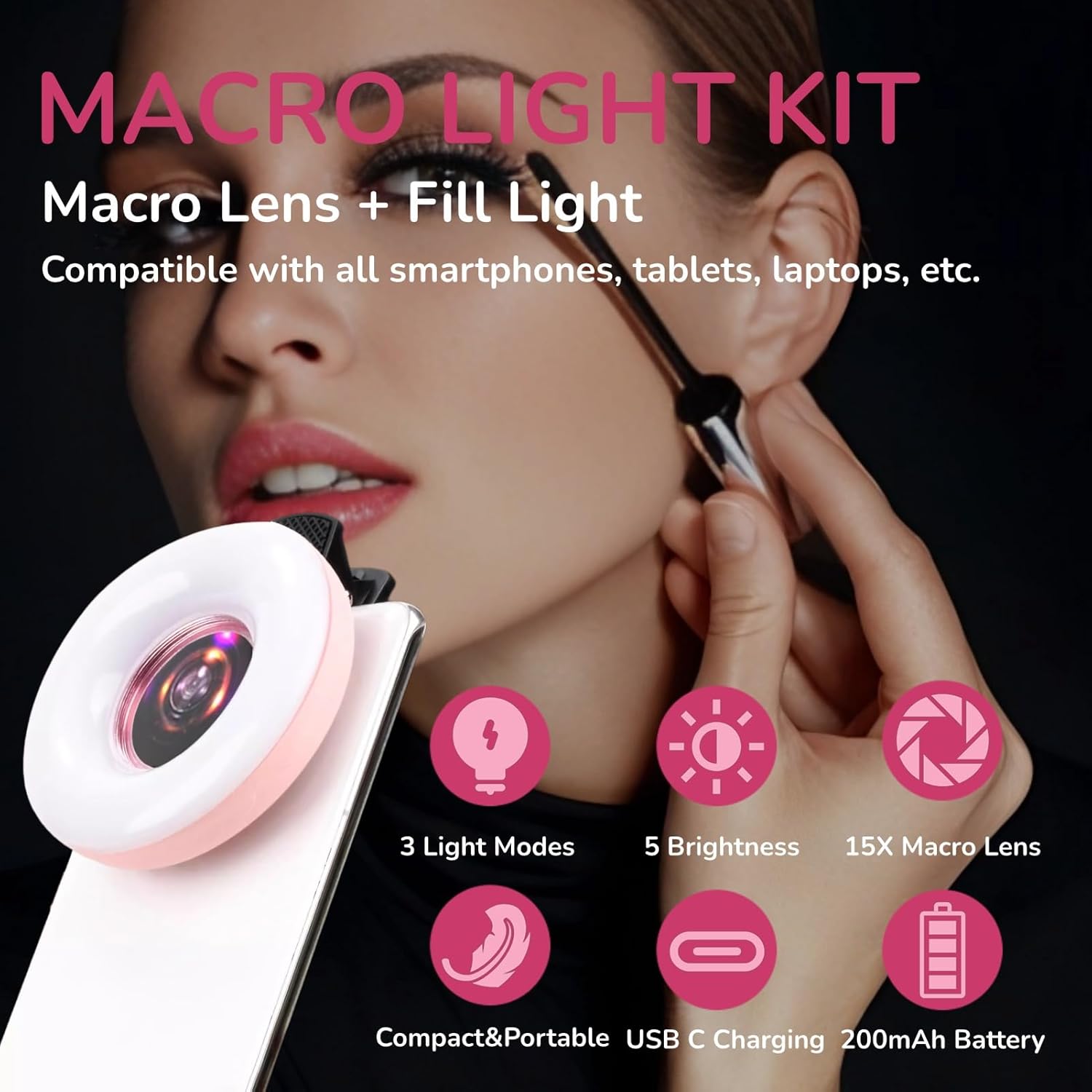 15X マクロレンズ フィルリングライト付きモバイル用 セルフィーライブランプ LED セルフィーリングライト iPhone ウェブカメラ ラップトップ 写真メイク用