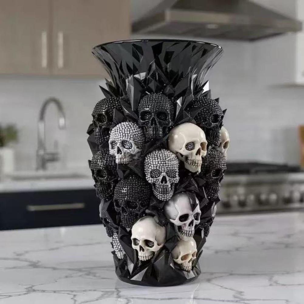 ブラックダイヤモンドスカル花瓶、ゴシックスカル樹脂花瓶、クリエイティブホームガーデンオーナメント、ハロウィーンホラーホームパーティー装飾花瓶