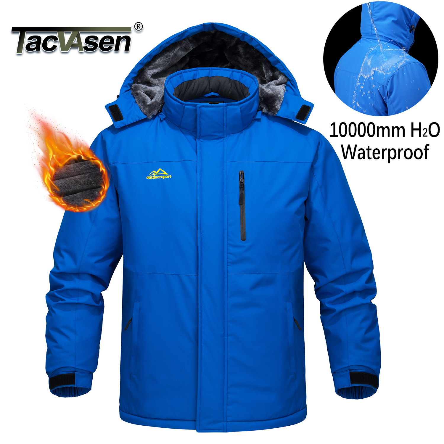 TACVASEN メンズスキージャケット防水フリースパーカーコート取り外しフード防風前立てアウトドアコート冬暖かい 5 ポケットレインコート