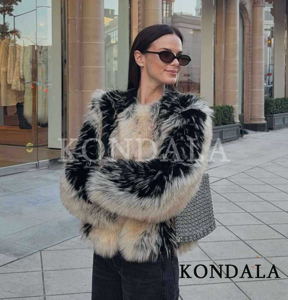 KONDALA 女性ハイストリート毛皮コートトレンディなコントラストジャケット O ネックフェイクファージャケットコート 2025 秋冬ファッション女性レトロコート