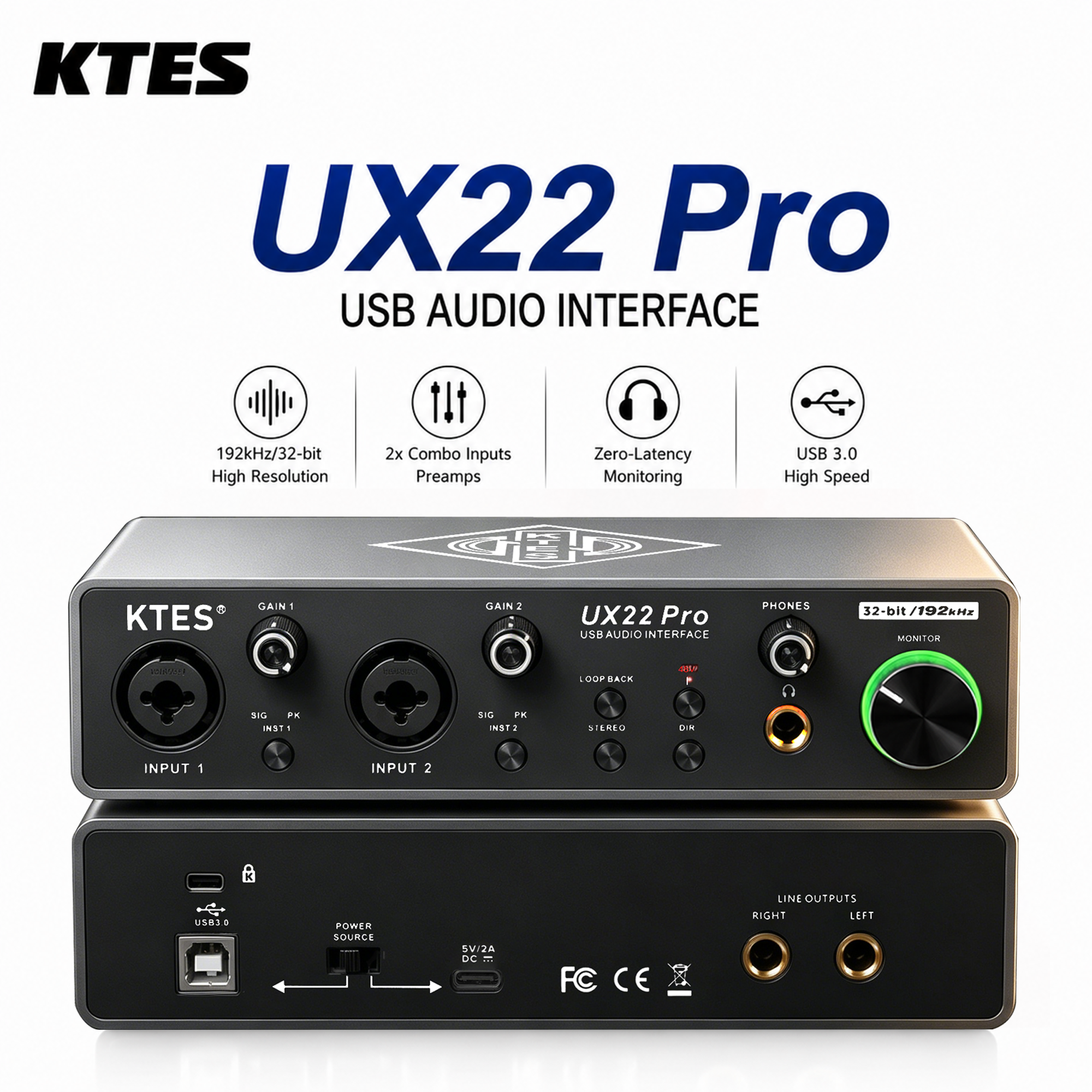 UX22 プロオーディオインターフェイス 192kHz 32 ビット USB サウンドカード スタジオ録音ライブストリーミングポッドキャスト DAW 音楽制作用