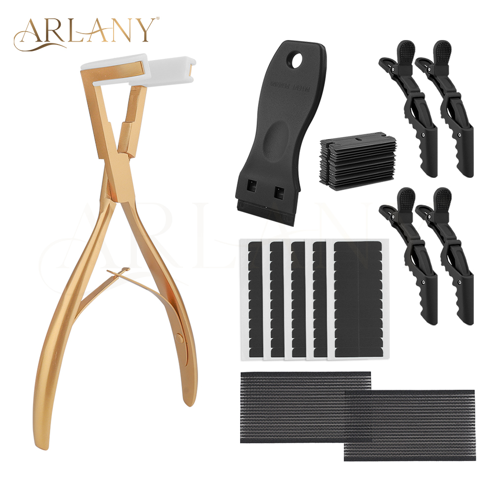 ARLANY テープインヘアエクステンションプライヤーキット テープインヘアシーリングプライヤー 両面交換テープタブ付き プラスチックスクレーパー