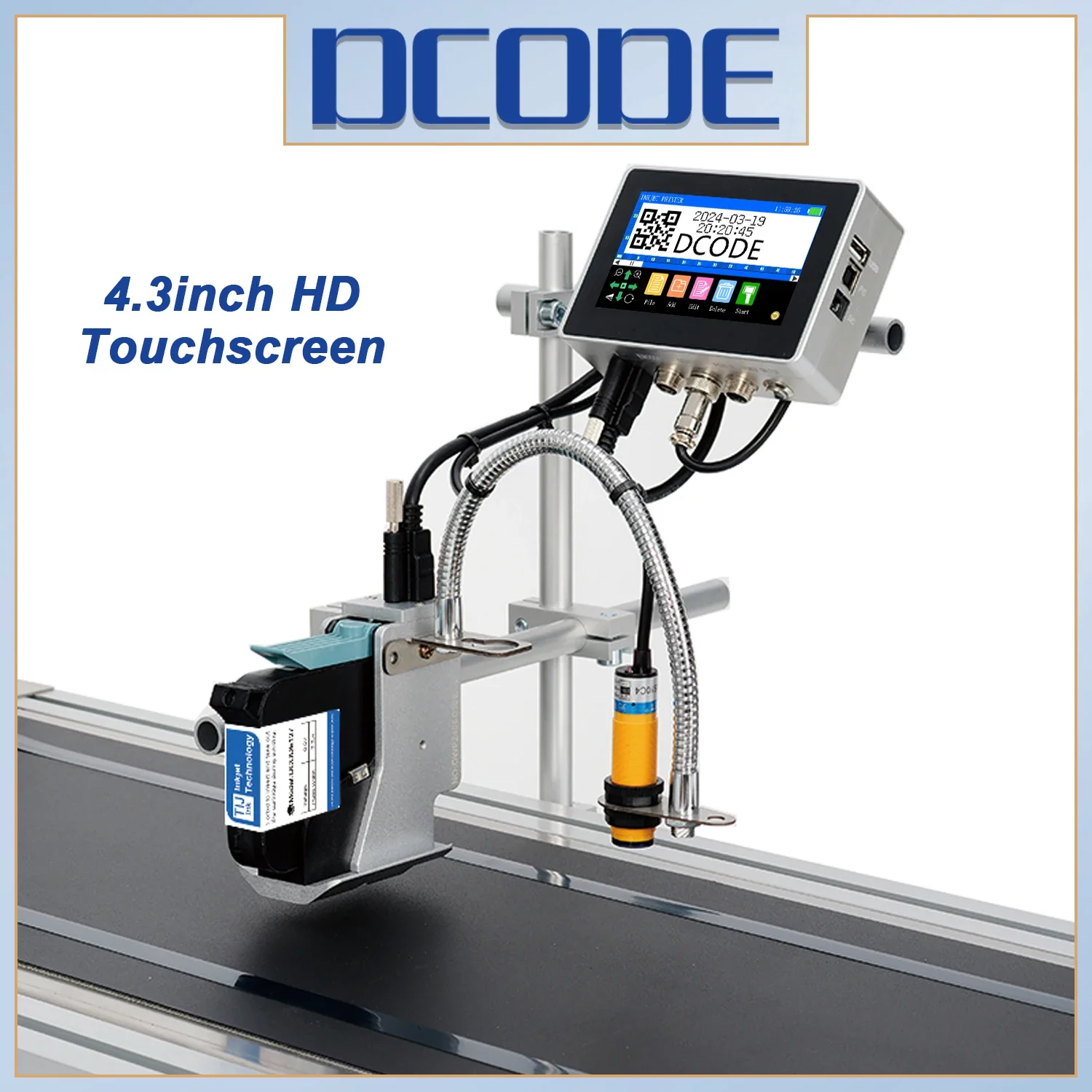 DCODE 130PLUS 産業用オンラインインクジェットプリンタ 12.7/25.4 ミリメートルノズル 4.3 インチスクリーン QR バーコードバッチ番号ロゴ日付プリンタ