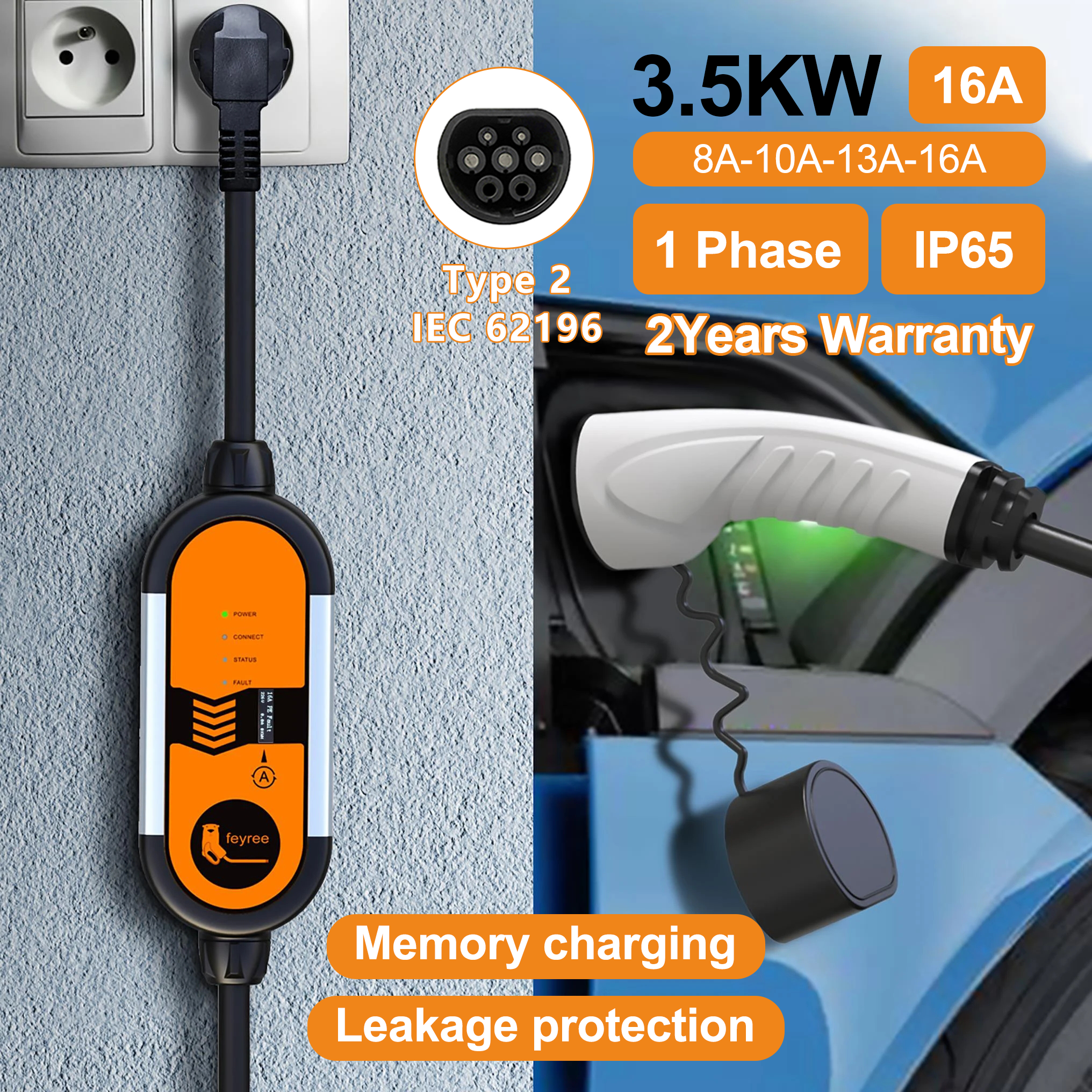 Feyree ポータブル EV 充電器 Type2 16A 3.5KW EVSE 充電ケーブル Type1 SAE J1772 EU プラグコントローラウォールボックス電気自動車用