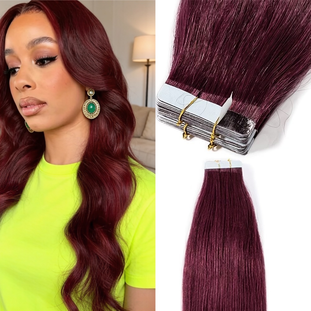 #99J Burgundy Red Straight Tape In Human Hair Extensions, Human Hair Tape Ins, 50g/Pack Skin Weft Tape Hair Extensions for Women