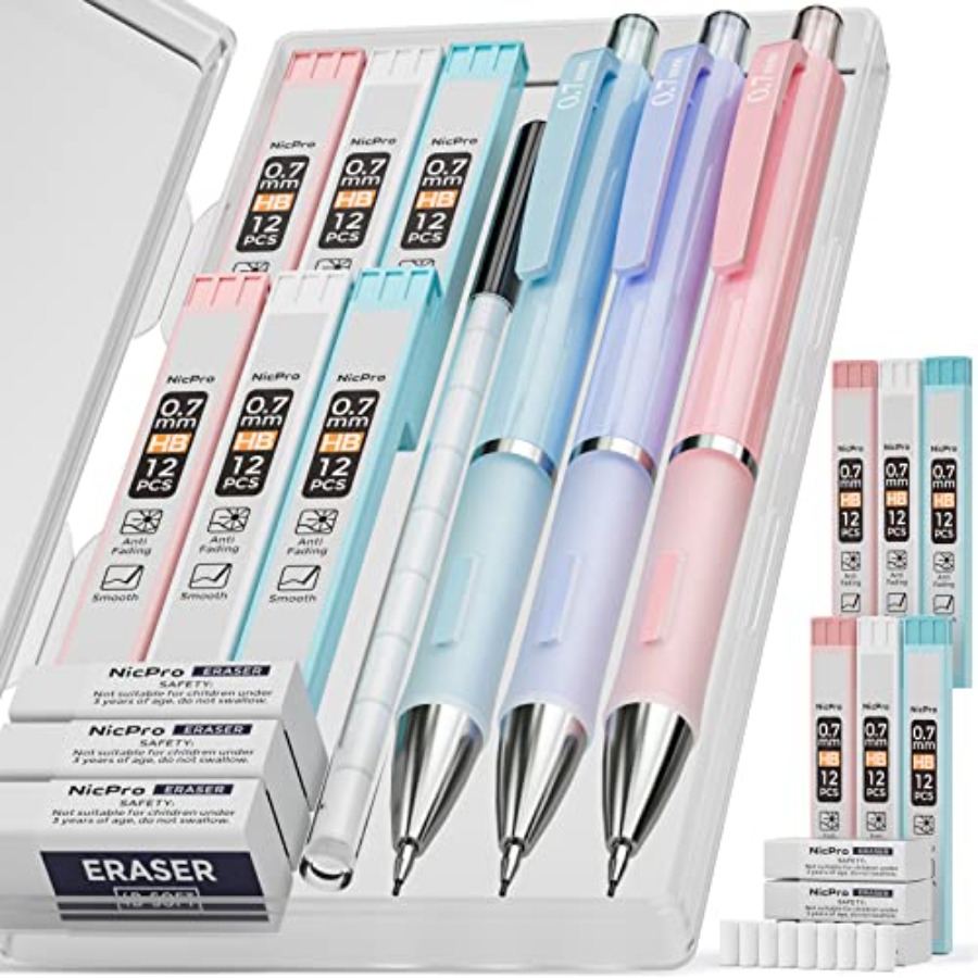 ケース付きかわいいシャープペンシル3本セット、0.7mm鉛筆、HB芯6本入り、消しゴム3個、消しゴムリフィル9個入り（学校用）