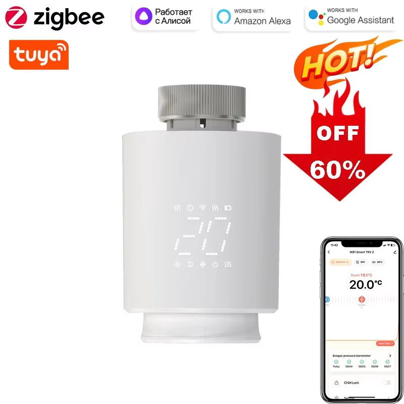 スマートサーモスタット TRV ラジエーターバルブ Zigbee/WiFi Tuya アクチュエーターヘッド リモート温度コントローラー 音声制御 Alexa Google ホーム