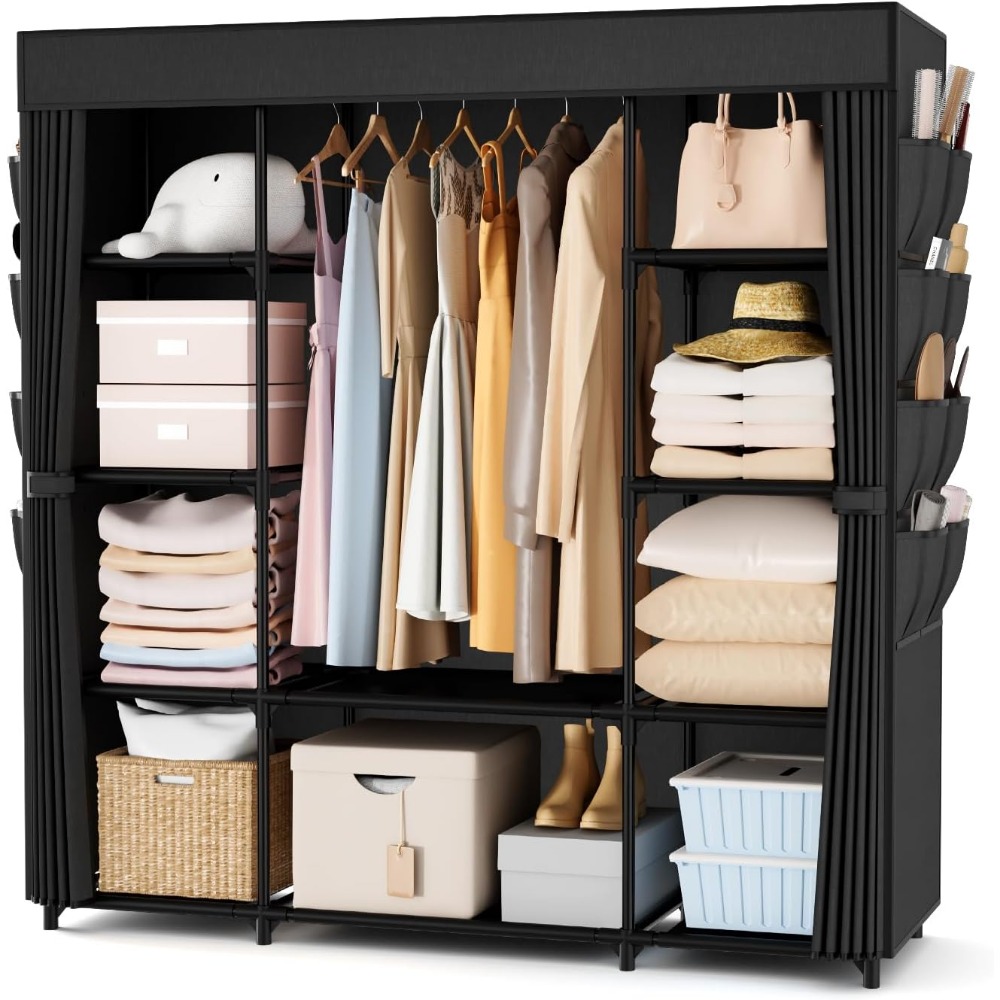 Large Portable Wardrobe with Cover 57 Inch Clothes Hanging Organizer 8 Pockets Easy Assembly Bedroom Storage