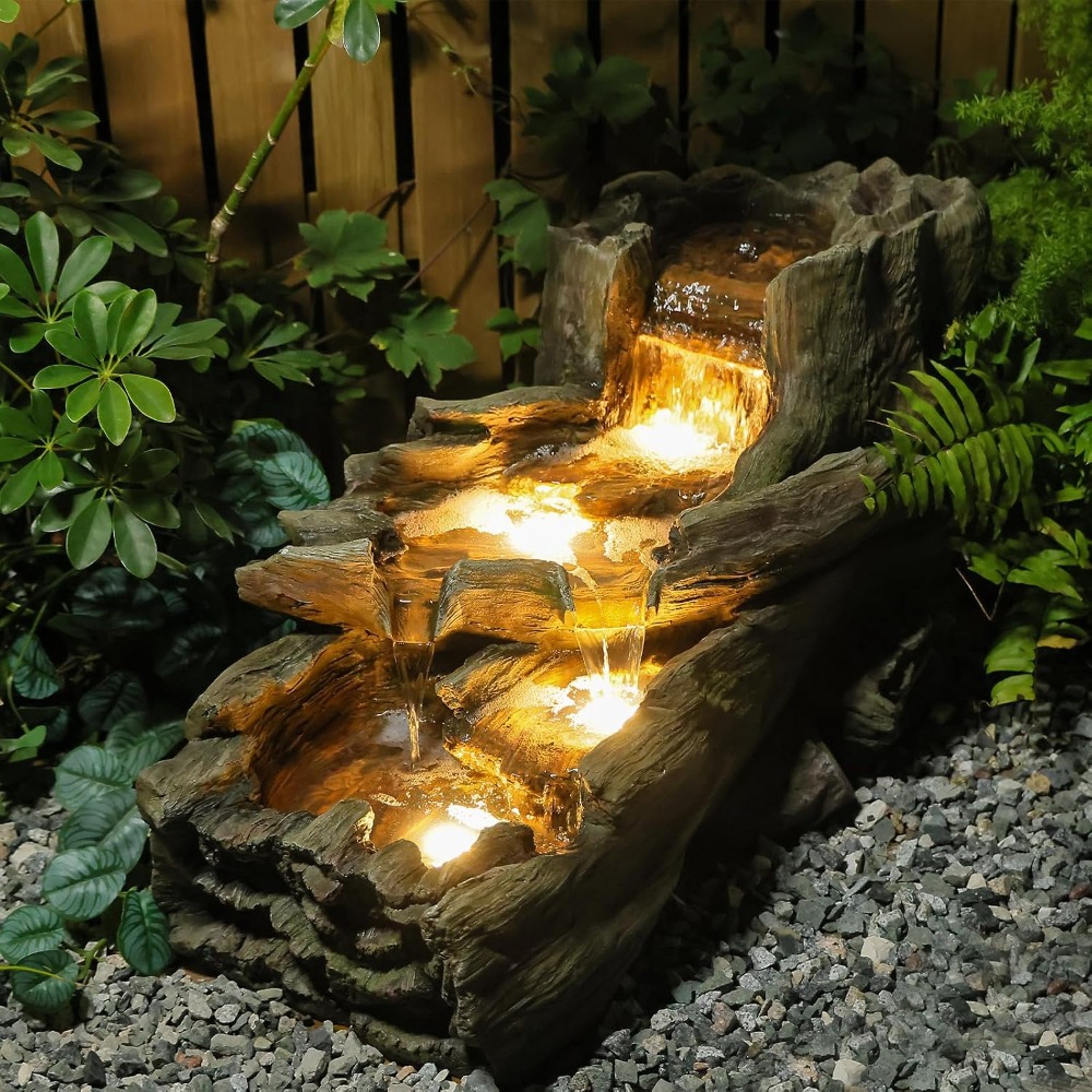 長さ34.25インチの屋外噴水、3段の大きなカスケードリアルな木の幹の滝の噴水、LED付き、カスタマイズ