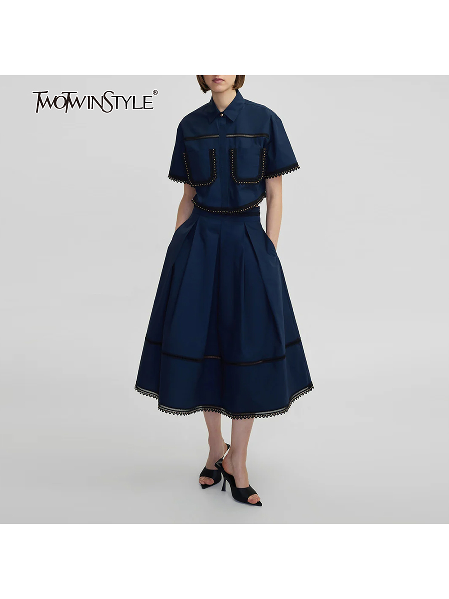 TWOTWINSTYLE 固体ツーピースセット女性のためのラペル半袖トップスハイウエスト A ラインスカート痩身セット女性のファッションスタイル