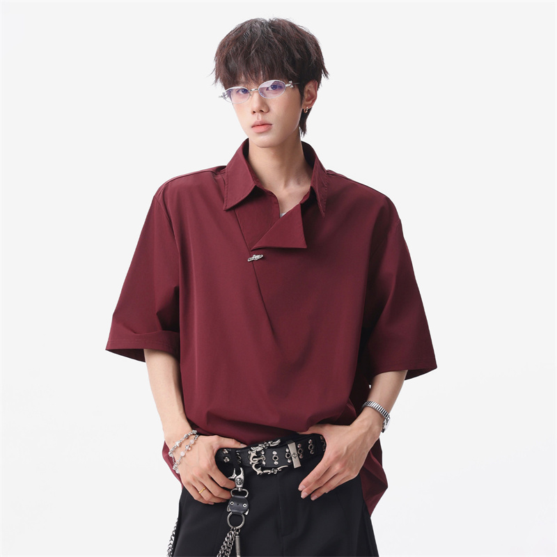 夏のメンズメタルボタン無地ラペルポロシャツレトロハイストリート非対称特大 Tシャツ Y2K カジュアルファッショントップス