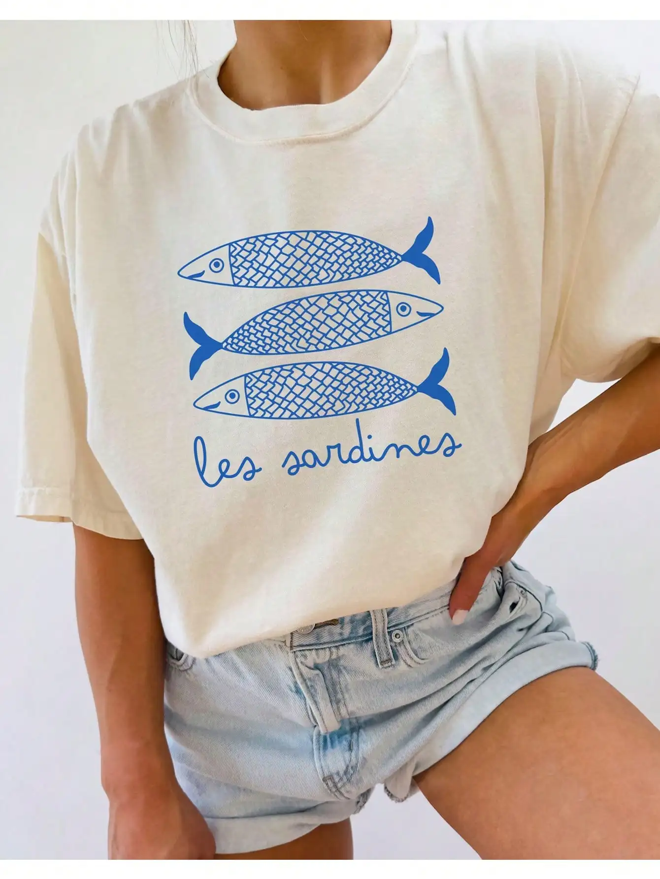 INAWLY イワシプリント女性 Tシャツ缶詰魚カジュアルシャツトマトガール沿岸夏の女の子ファッショナブルなカジュアル Tシャツ