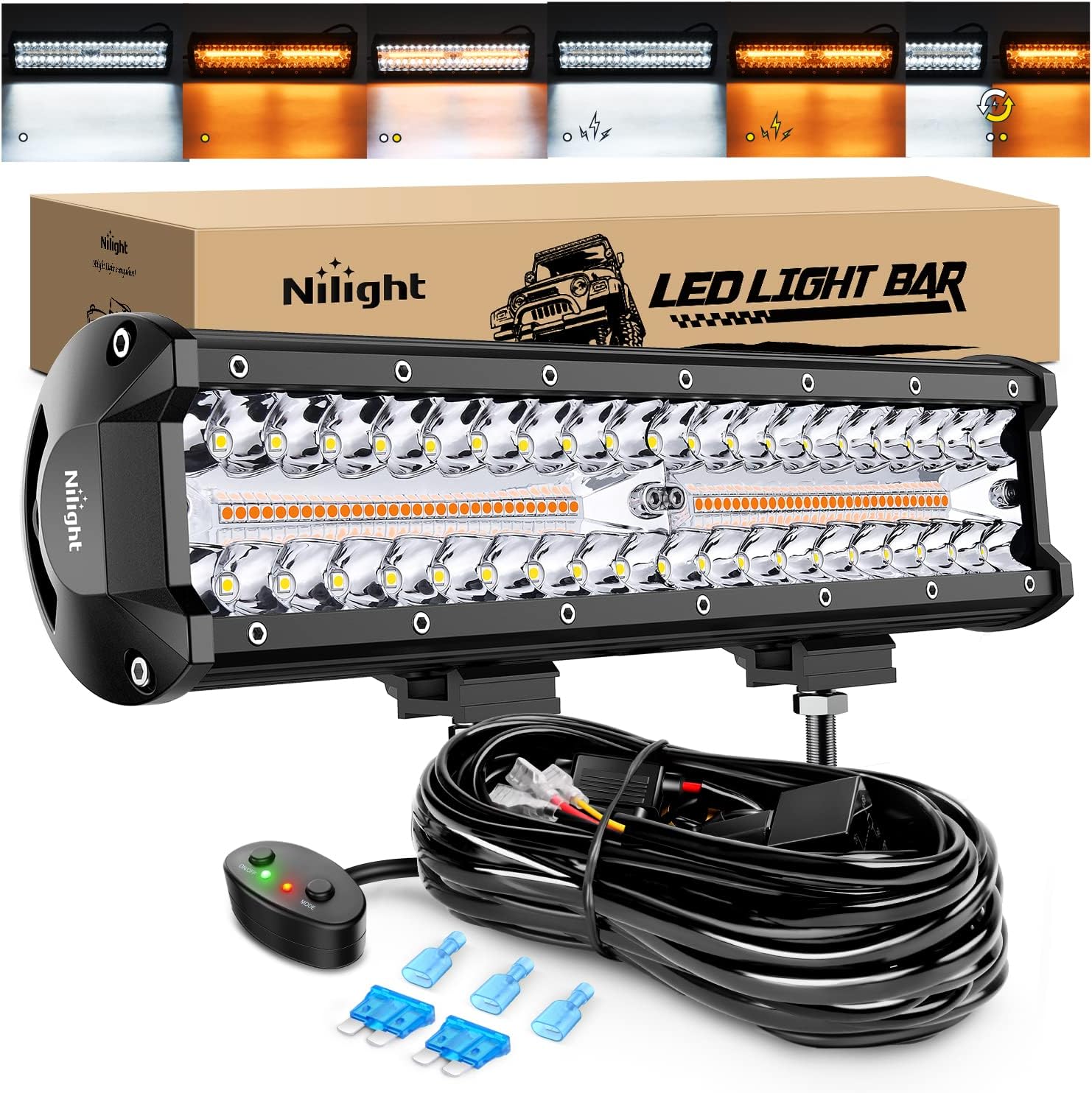 Nilight 12インチ 300W LED ライトバー スポットフラッド アンバーホワイト ストロボ 6 モード メモリー機能付き オフロードトラック 車 ATV SUV キャビン ボート 16AWG 配線ハーネスキット-1リード付き