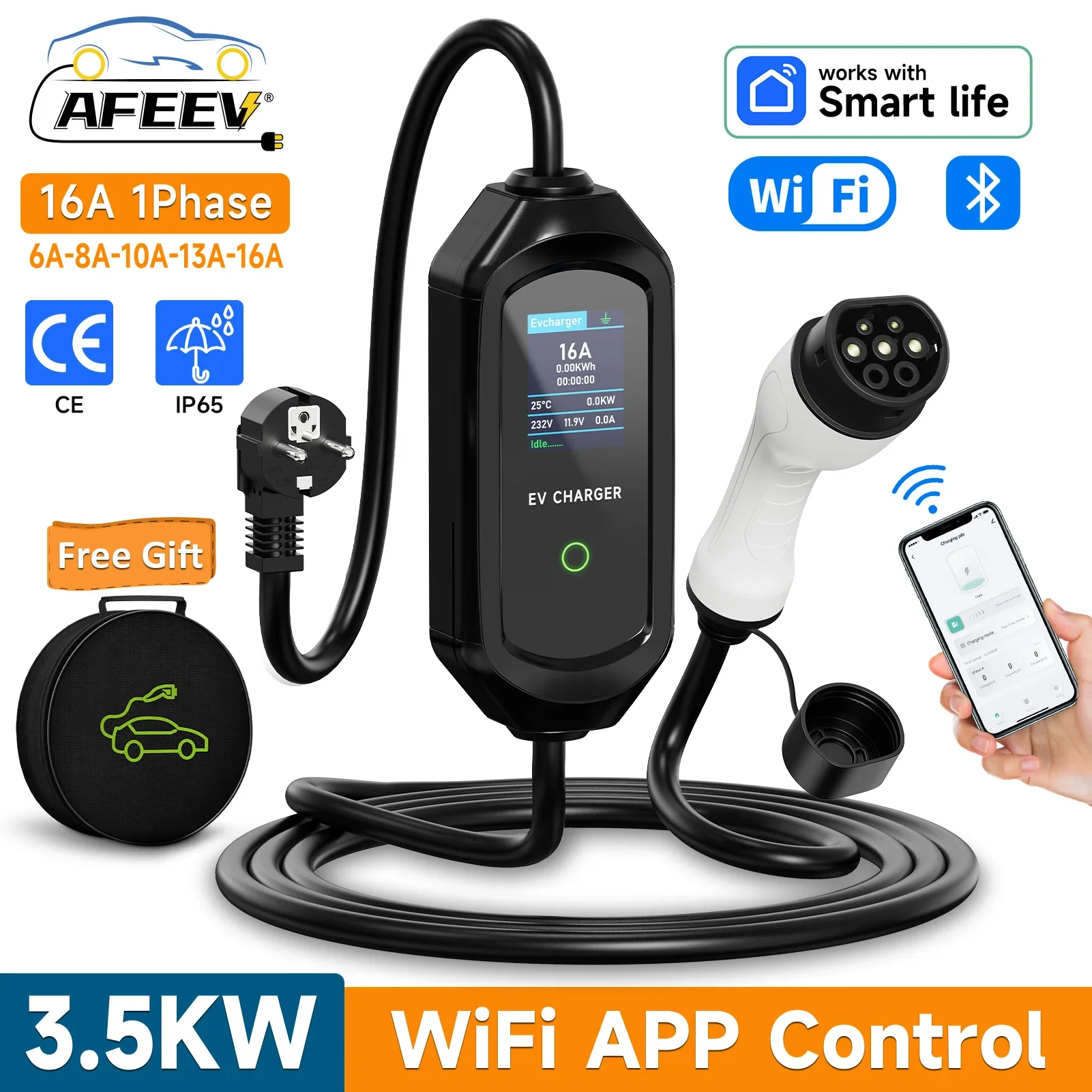 AFEEV ポータブル EV 充電器 Type2 IEC62196-2 EVSE 高速充電ケーブル Type1 SAE J1772 ウォールボックス WiFi APP Bluetooth ワイヤレス制御