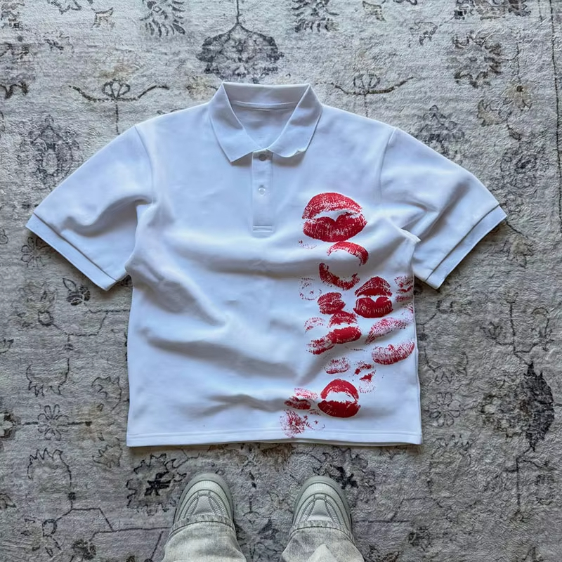 ヒップホップ Y2K ポロシャツ プリント ロック ゴス オーバーサイズ Tシャツ ボタンダウンカラーシャツ パンク カジュアル Tシャツ ミニマリストでファッショナブル