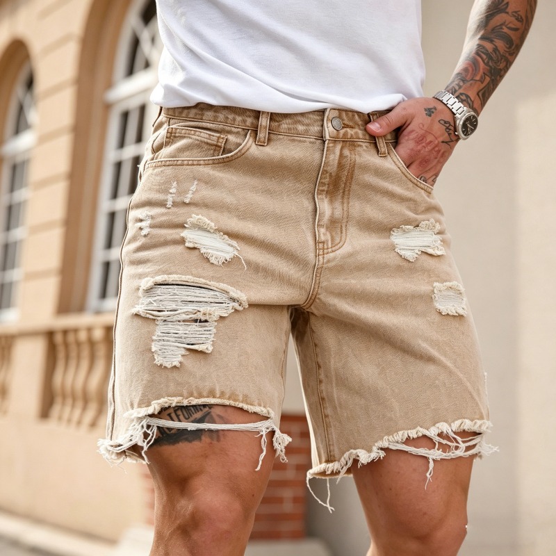ルーズヒップホップデニムショートパンツメンズストリート夏破れた穴ロックバイカーショートパンツファッションカーキ膝丈アメリカンジーンズ