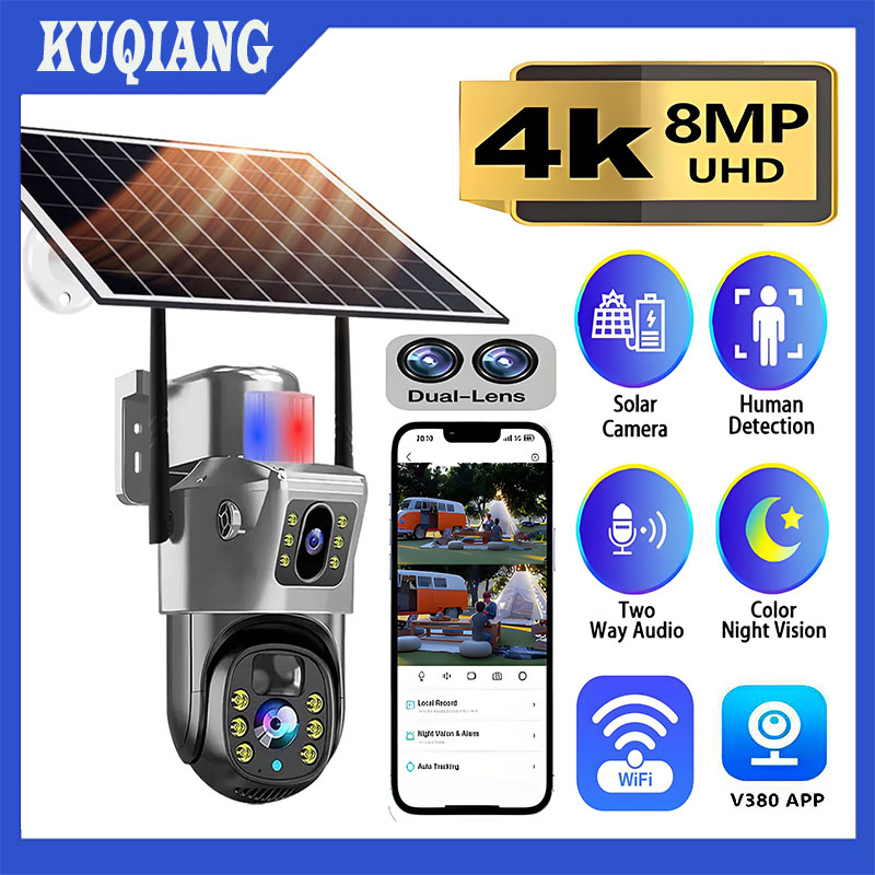 4K 8MP 屋外 WiFi ソーラーカメラデュアルスクリーンワイヤレス監視カメラ PIR 人間自動追跡ソーラーセキュリティ CCTV カム V380