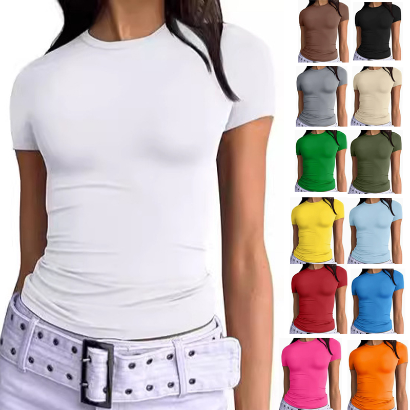 1 個の女性のスポーツ Tシャツガールソリッドベーシックフィットネスランニングヨガ Tシャツ女性半袖スリムセクシーなラウンドネックカジュアルシャツトップス
