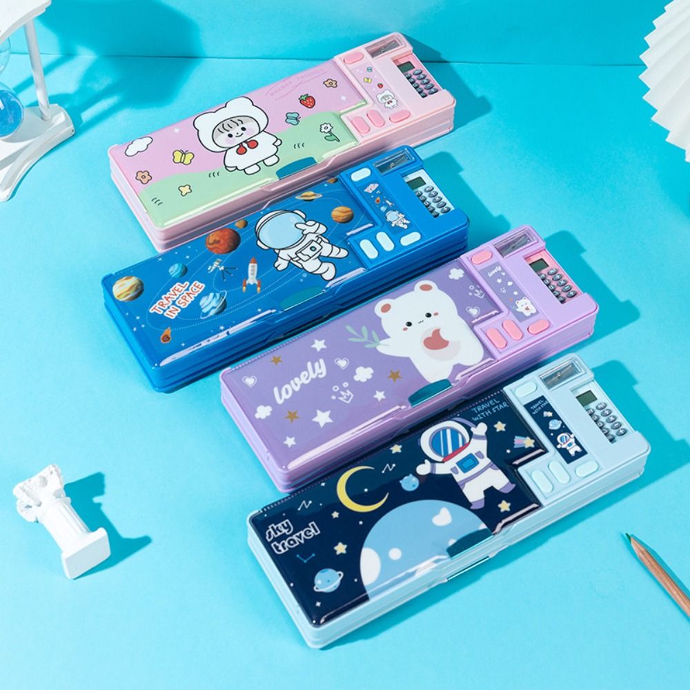 二層式ペンケース、鉛筆削り、電卓付き、文房具収納ボックス、プラスチック製、宇宙飛行士/動物デザイン