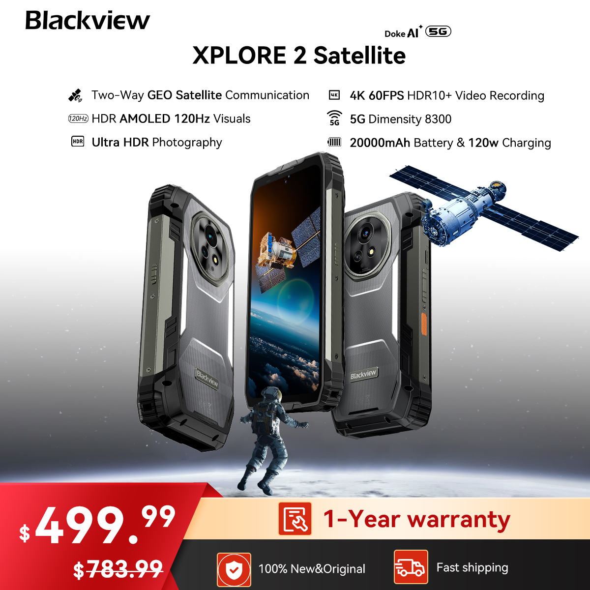 Blackview XPLORE 2 衛星頑丈なスマートフォン Android 15 20000mAh バッテリー 6.73' 3.2K 120Hz AMOLED ディスプレイ衛星通信