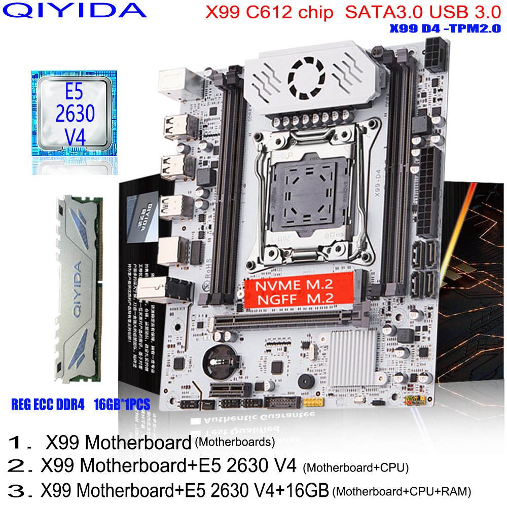 QIYIDA X99 Motherboard Set Kit With LGA2011-3 Xeon E5 2630 V4 CPU DDR4 16GB REG ECC memory X99 C612chip NVME M.2