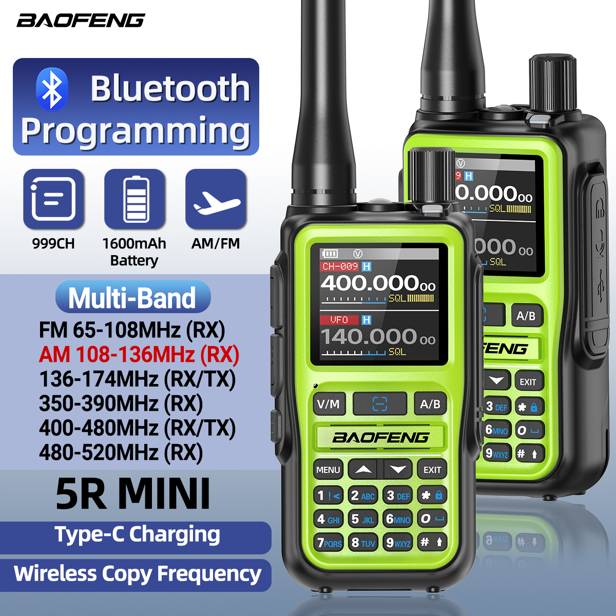BAOFENG UV-5R ミニトランシーバー マルチバンド Bluetooth プログラミング ワイヤレス コピー周波数 999CH Type-C 長距離双方向ラジオ