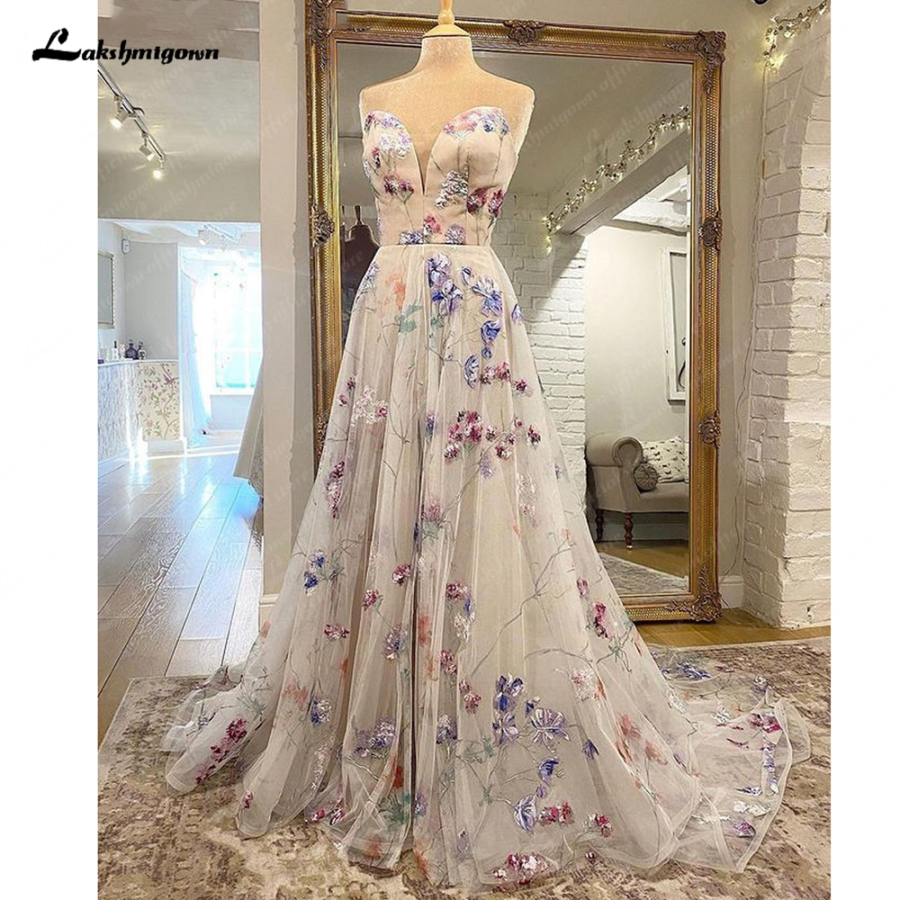 Lakshmigown プリントフラワー A ラインレースアップリケのウェディングドレス女性のためのノースリーブ恋人ブライダルドレスブライダル用にカスタマイズ