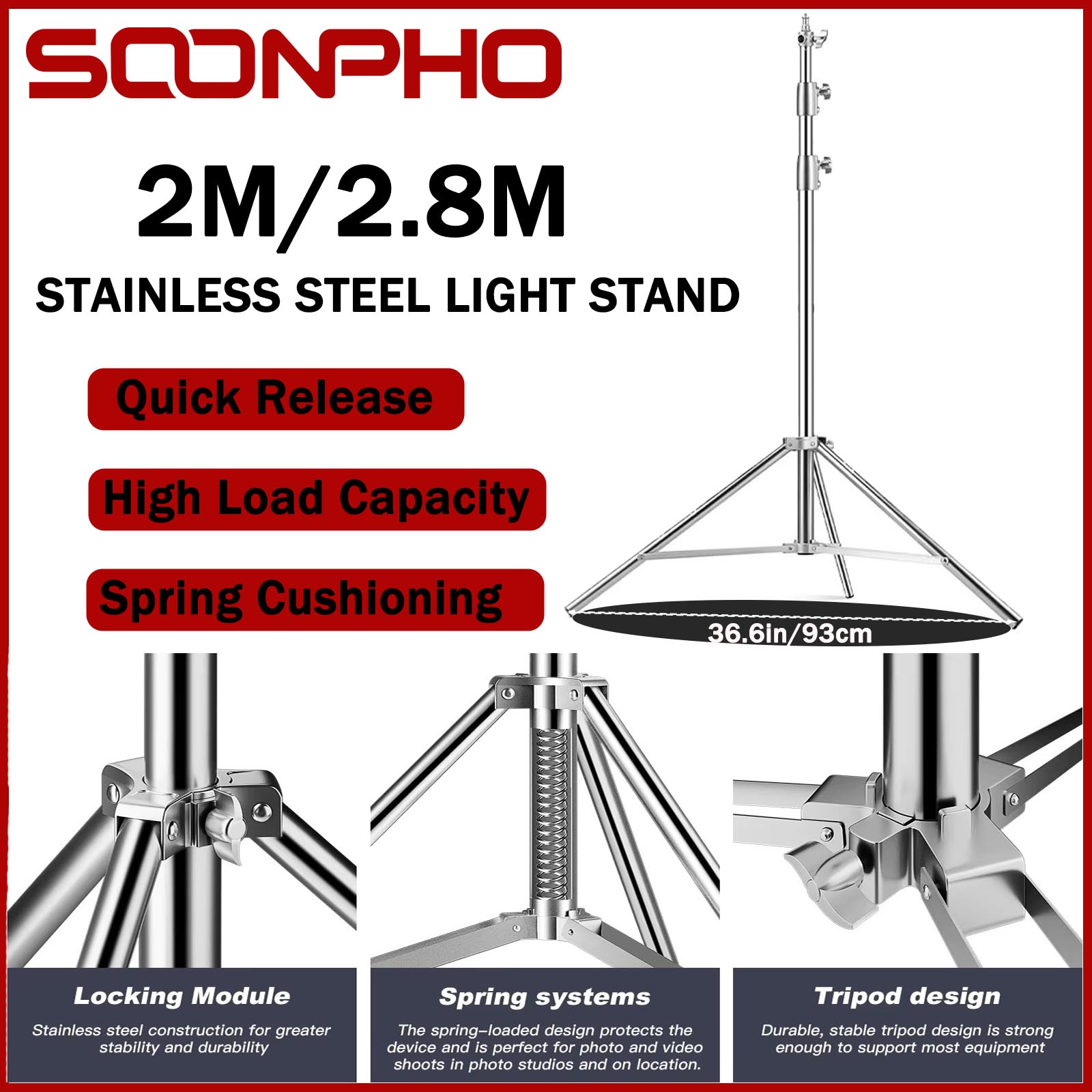 SOONPHO 2.8 メートルステンレス鋼三脚空気圧ベアリング荷重 10 キロビッグ強力なサポート金属ライトスタンド写真フラッシュのため