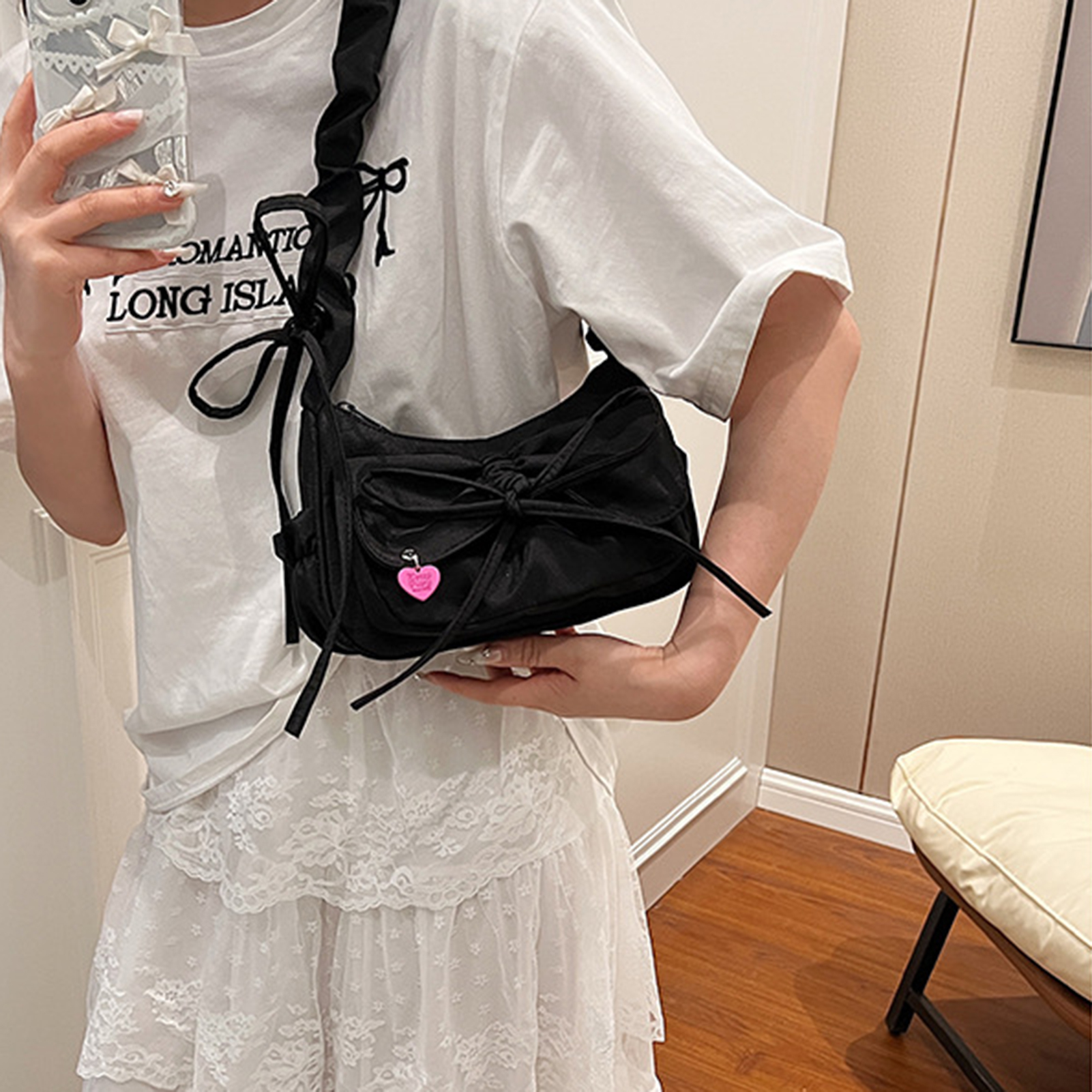 1 ピース/ロット黒弓カジュアルショルダーバッグ女性のための韓国スタイル洗浄デニム夏のハンドバッグ絶妙なギフト女性の誕生日