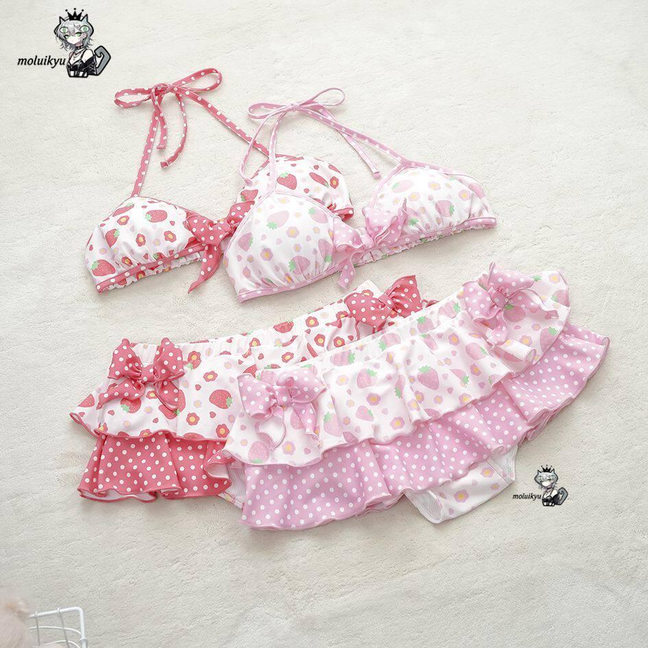 2 個日本の女の子ビキニセット甘いかわいい夏 Y2K 美的ファッションフルーツプリントフリルセット弓アップリケパンクビーチ服
