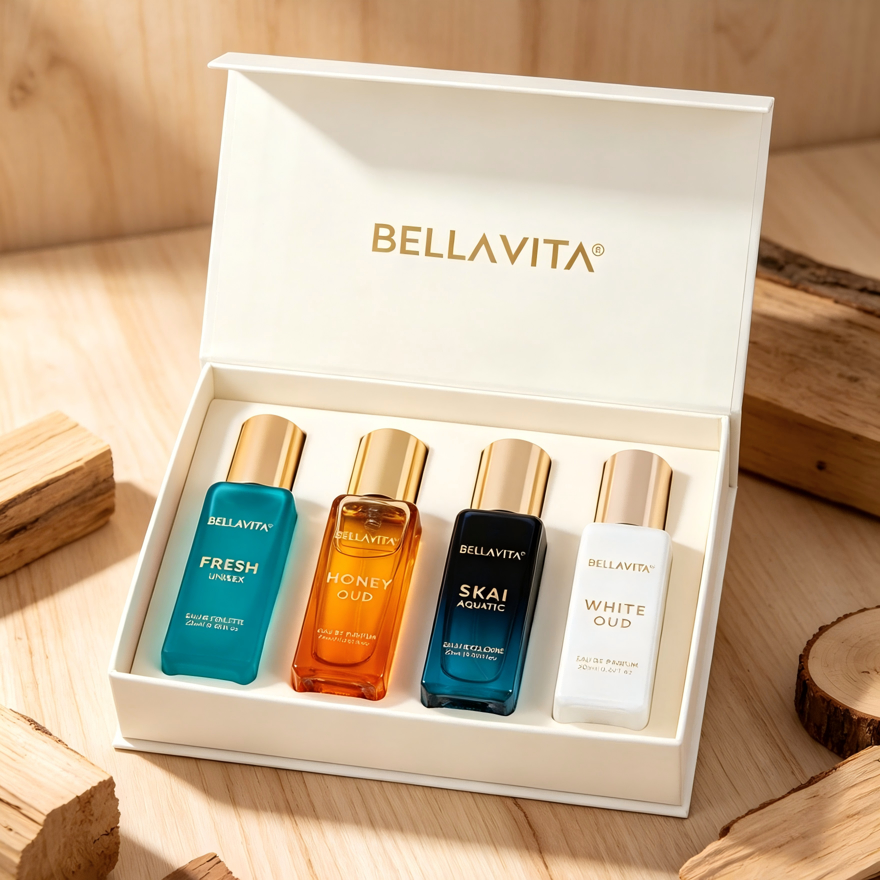 Bellavita 高級ユニセックス香水ギフトセット ハニーウード、ホワイトウード、スカイアクアティック、フレッシュユニセックス、男性と女性用の20ml香水、ハニー、アルテミシアレモン、ベルガモット