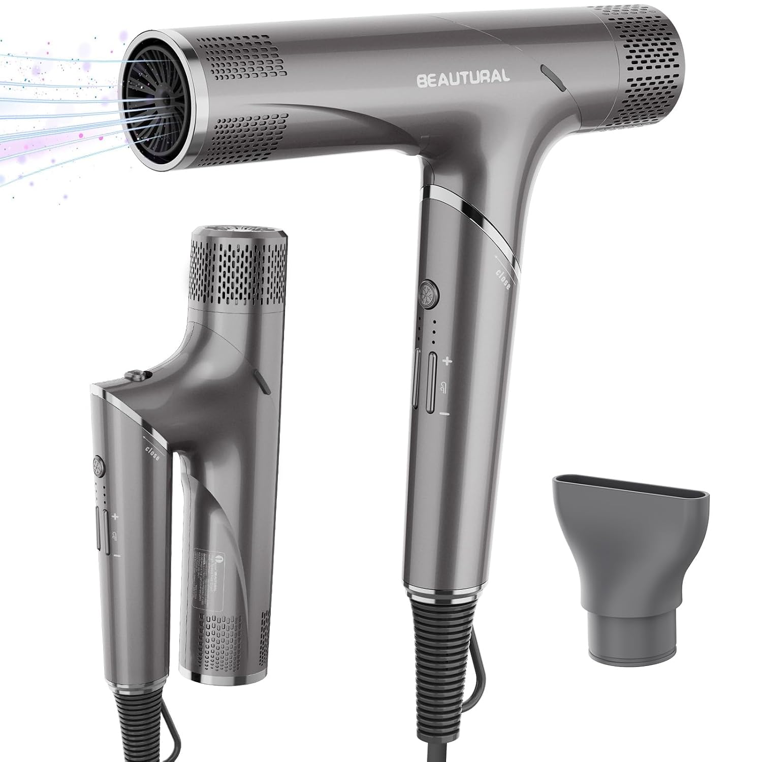 1600W 高速折りたたみ式トラベルヘアドライヤー、110000 RPM ブラシレスモーター、ミリオンイオン、デュアル電圧、3 温度