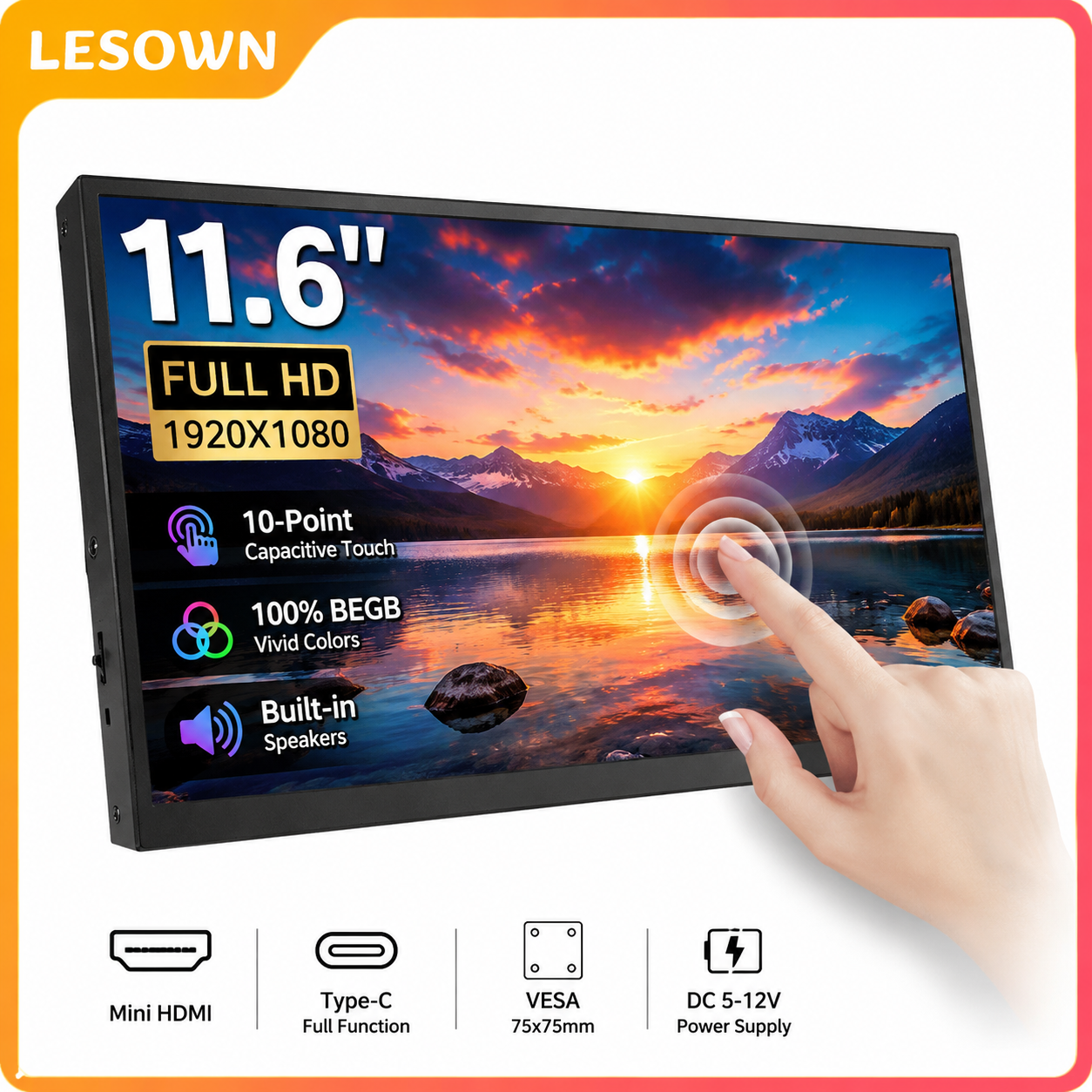LESOWN 11.6 インチ ポータブル モニター 1920x1080 IPS タッチスクリーン ドライバー不要のトラベル ディスプレイ ラップトップ用スピーカー付き