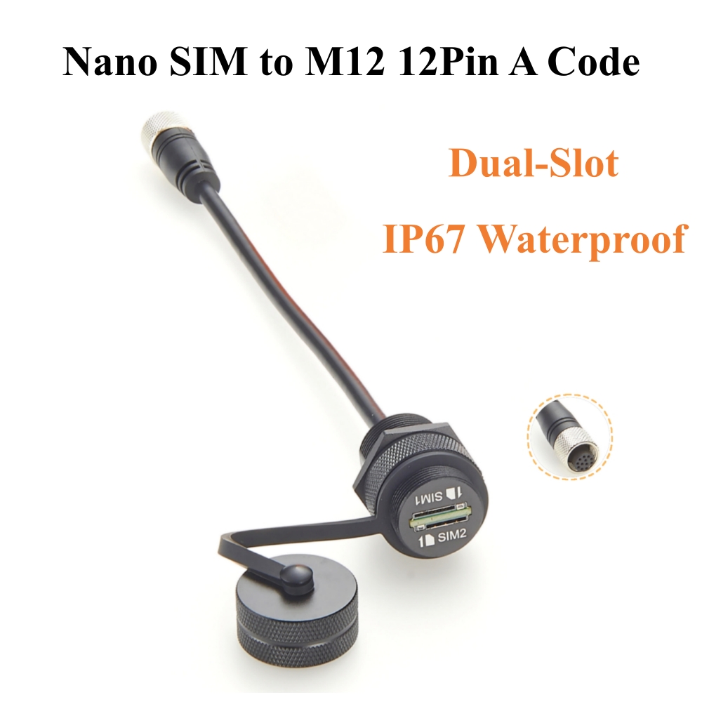 IP67 デュアルナノSIMカード-M12 12ピンAコードケーブル 屋外用フラッシュパネルマウントナノSIM延長ケーブル（IoT、LTE/4G/5Gルーター用）